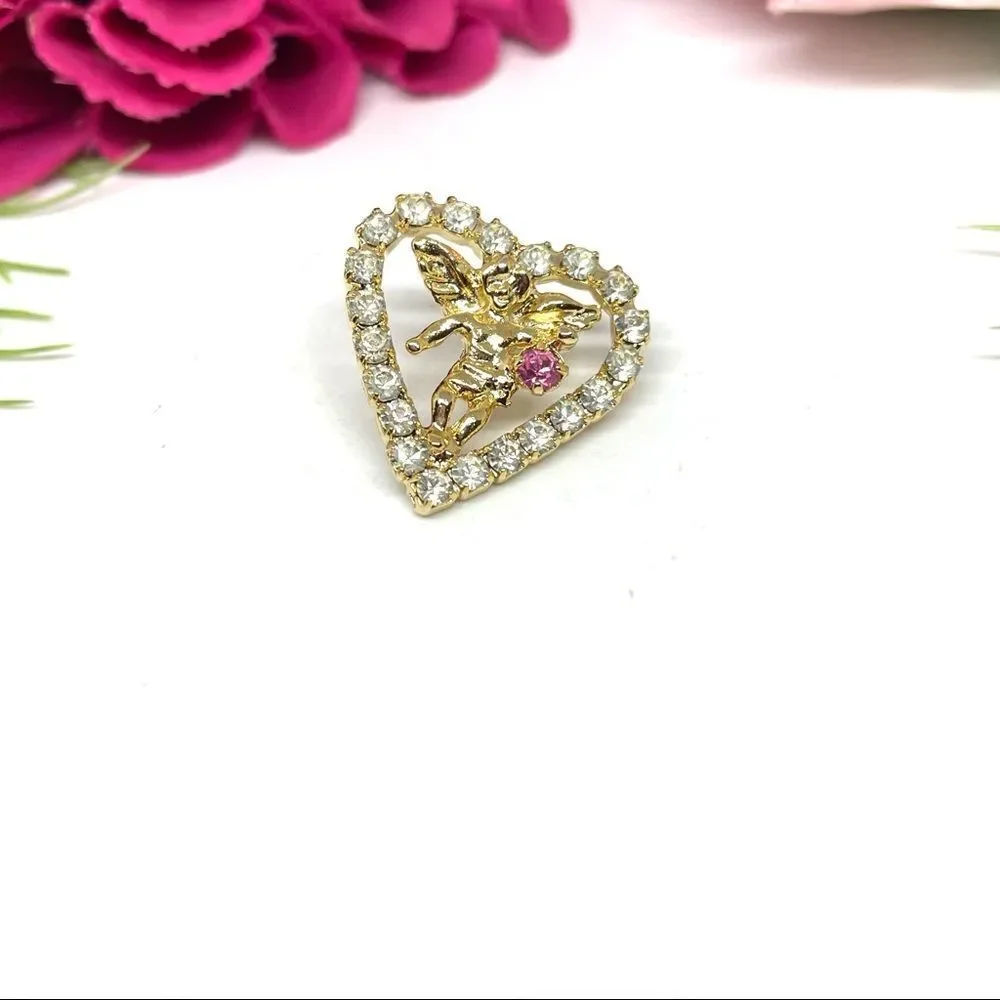 VINTAGE⚜️Cherub Crystal Heart Tack Pin